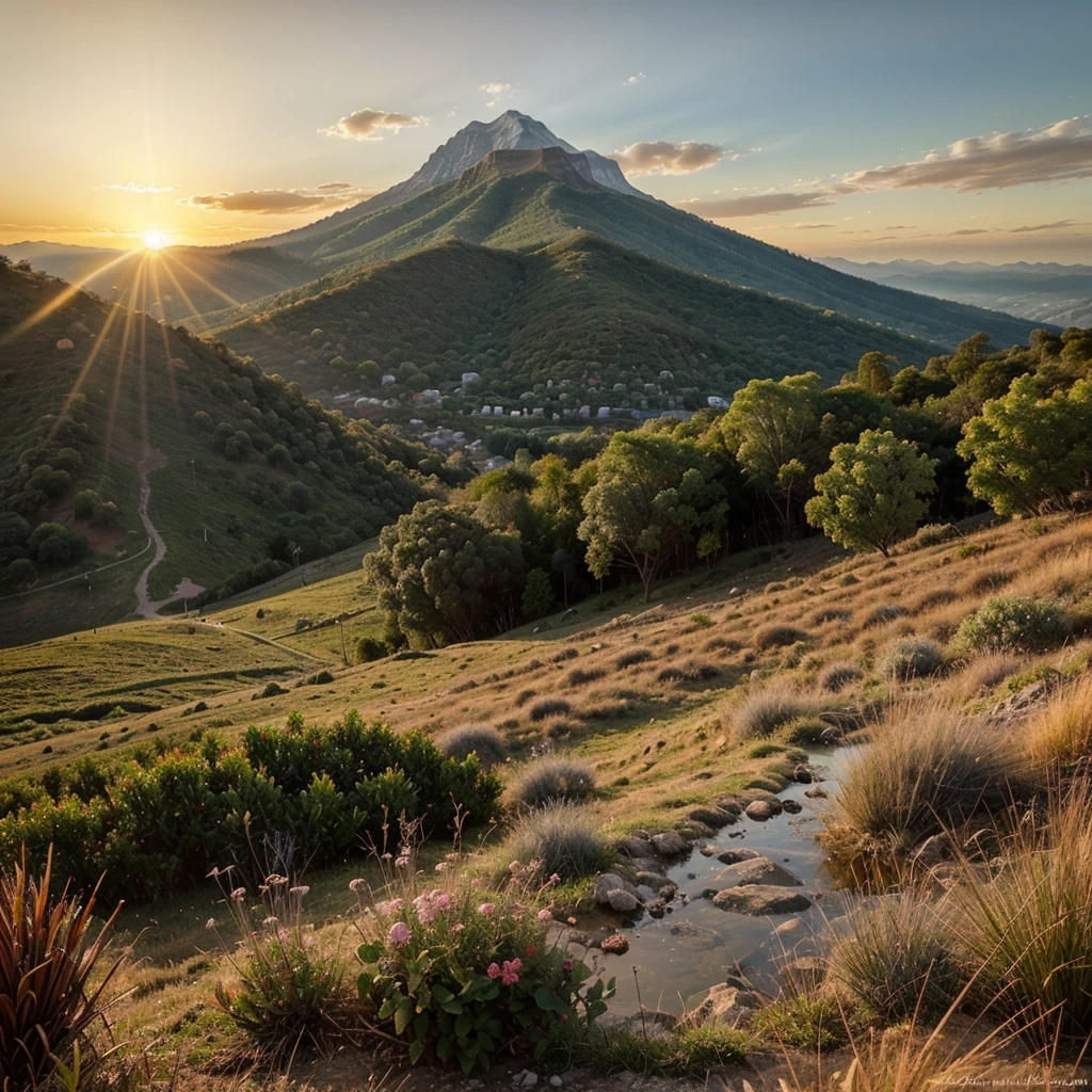Sunset in the mountain range of Mexico spectacular view, amazing, some drops of water on the grass on the mountain, beautiful vision, beautiful sun