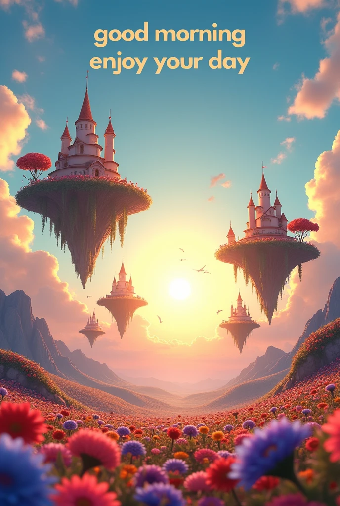 A Pixar-style 3D render of a celestial mystical scene with the sun rising. There are floating islands in the sky, and each island has a unique structure. The ground below is covered with vibrant flowers. Above the image, the text "Good Morning Enjoy Your Day" is written in a modern, bold font. 16K UHD