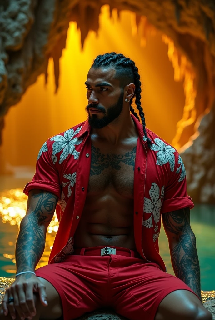 sitting profile Handsome white Muslim gangster man with white skin thick lips athletic body masculine energy and sexy muscular defined chin trimmed faded beard short hair shaved on the sides with fade and braids on the sides colorful tattoo, She wears a red outfit with a white flower print, open button-down shirt and shorts. In the background, hundreds of cave-like cenotes with yellow lighting and crystal-clear water, poor light 

