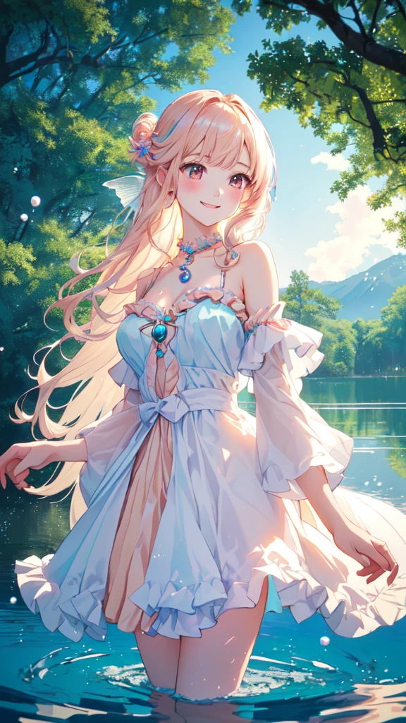 Japanimation style 、A fairy, an immature girl, a rainbow-colored semi-long, shining odd eyes, a cute smile with a young face, a long pearl white frill curtain costume wrapped around to emphasize the lines of the body, four pale peach-colored wings on her back, flying on the surface of the water, a lake where the moonlight reflects wildly, while jumping on the surface of the lake and creating a water pattern, the stage of the deep forest lake, the one-of-a-a-kind prima donna,