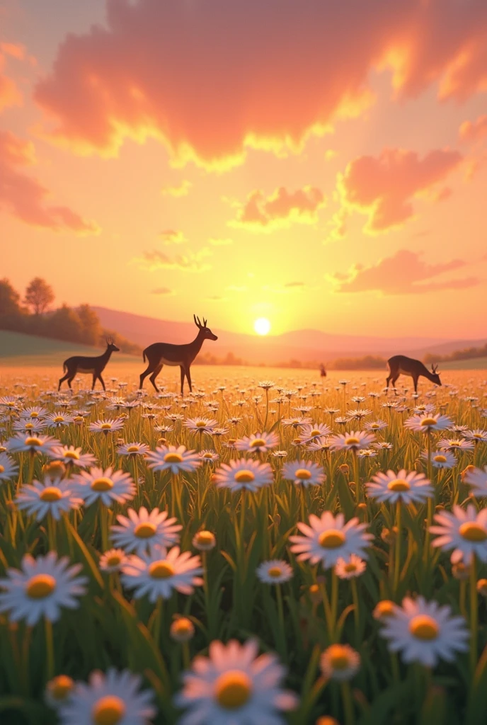 View of a field landscape with orange pink colors and lots of daisies with a small family of deer in the background and a sunset