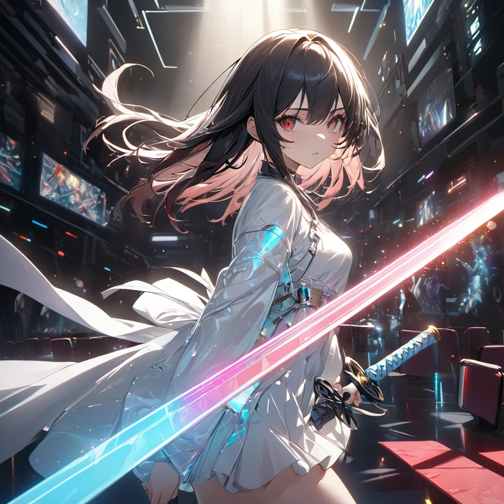 最high quality, wonderful_delicate, wonderful delicate eyes, Super detailed, beautiful, 8k , One girl, Red eyes, evil, Facial Contour,(Absurd, High resolution, Super detailed), masterpiece, The perfect solution, wonderfulディテール, Super Detailed, Cinema Lighting, Ray Tracing, Depth of written boundary, Cinema Lighting, Ray Tracing, 超High resolution, Attention to detail, 最high quality, High resolution, high quality, Awards, Super Detail, masterpiece, 8k, 超High resolution, Attention to detail, 最high quality, High resolution, high quality, Awards, Super Detail, masterpiece, 8k, Digital Art, Anime Coloring, 超High resolutionを作成, 白をテーマにしたmasterpiece品質の画像, Featuring a cute anime girl with long black hair in a cool pose, Attack with a high-tech sword. In this scene、A number of holographic swords appear to be floating in a circle..。, Each one has countless intricate parts, Set in a predominantly white cyberpunk environment. The scene is enriched with holographic elements and light particles.., Emphasizing futuristic and fantastical aesthetics. The image is、Capturing the essence of purity and sophistication with the finest quality and beauty, An ultra-detailed display of a girl and her holographic sword, Super-resolution visuals that highlight the intricate details of a scene.