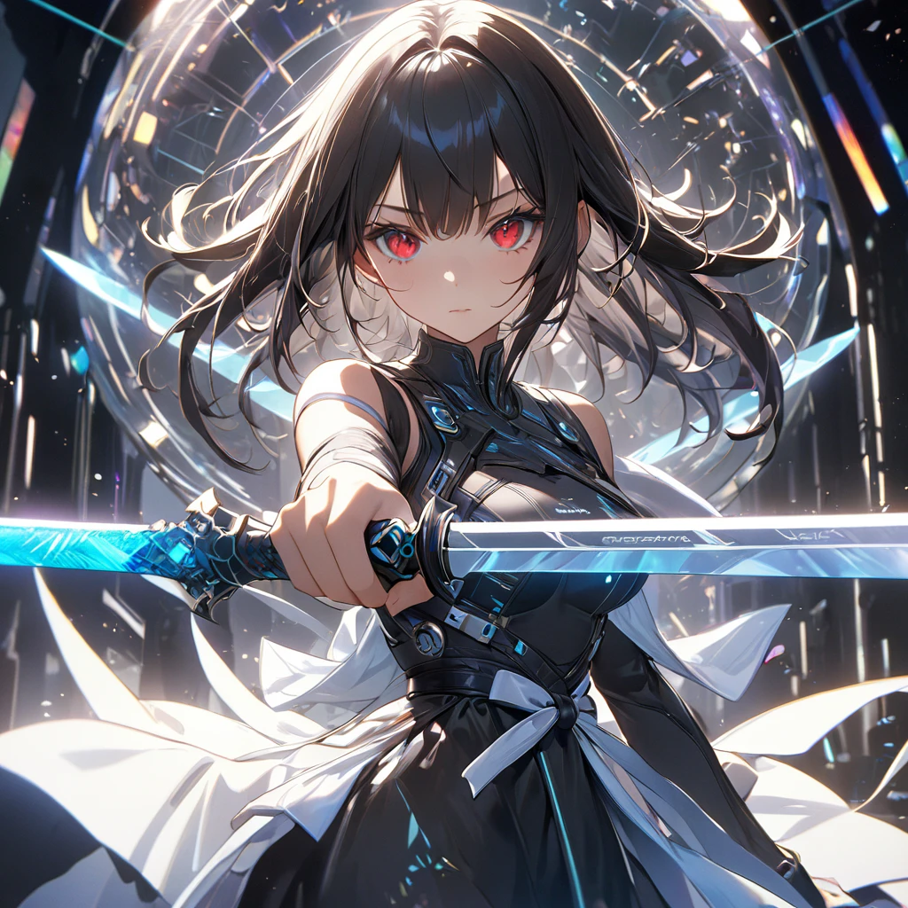 最high quality, wonderful_delicate, wonderful delicate eyes, Super detailed, beautiful, 8k , One girl, Red eyes, evil, Facial Contour,(Absurd, High resolution, Super detailed), masterpiece, The perfect solution, wonderfulディテール, Super Detailed, Cinema Lighting, Ray Tracing, Depth of written boundary, Cinema Lighting, Ray Tracing, 超High resolution, Attention to detail, 最high quality, High resolution, high quality, Awards, Super Detail, masterpiece, 8k, 超High resolution, Attention to detail, 最high quality, High resolution, high quality, Awards, Super Detail, masterpiece, 8k, Digital Art, Anime Coloring, 超High resolutionを作成, 白をテーマにしたmasterpiece品質の画像, Featuring a cute anime girl with long black hair in a cool pose, Attack with a high-tech sword. In this scene、A number of holographic swords appear to be floating in a circle..。, Each one has countless intricate parts, Set in a predominantly white cyberpunk environment. The scene is enriched with holographic elements and light particles.., Emphasizing futuristic and fantastical aesthetics. The image is、Capturing the essence of purity and sophistication with the finest quality and beauty, An ultra-detailed display of a girl and her holographic sword, Super-resolution visuals that highlight the intricate details of a scene.
