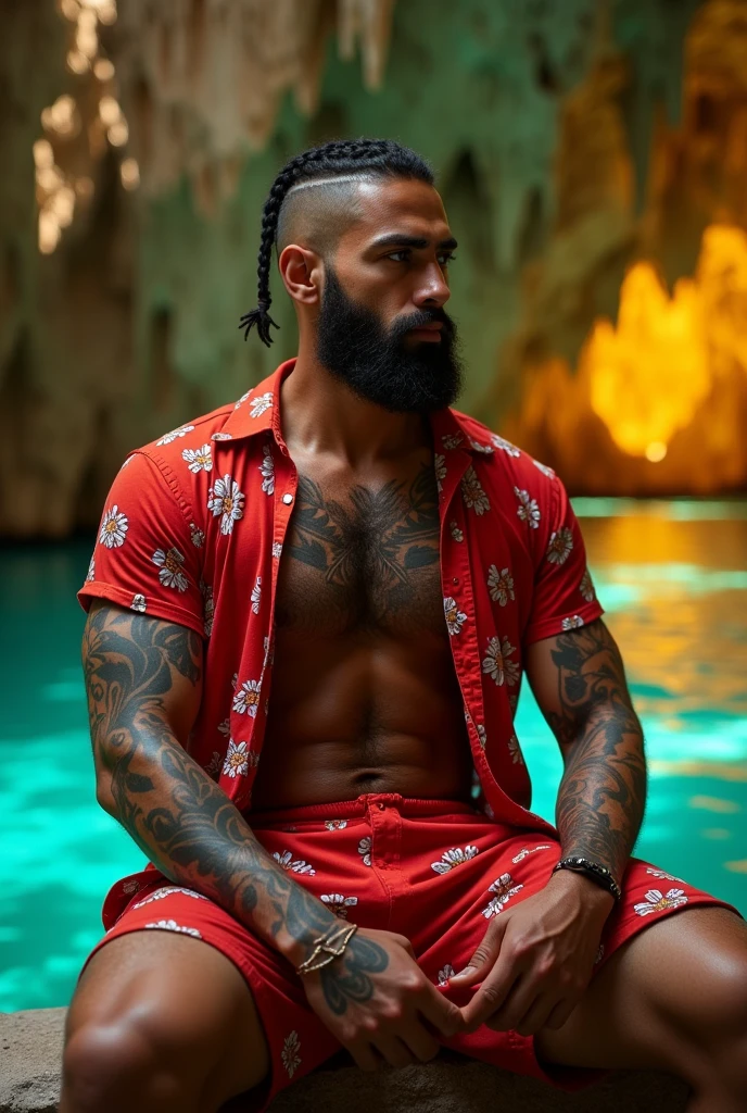 sitting profile Handsome white Muslim gangster man with white skin thick lips athletic body masculine energy and sexy muscular defined chin trimmed faded beard short hair shaved on the sides with fade and braids on the sides colorful tattoo, She wears a red outfit with a white flower print, open button-down shirt and shorts. In the background, hundreds of cave-like cenotes with yellow lighting and crystal-clear water, poor light 

