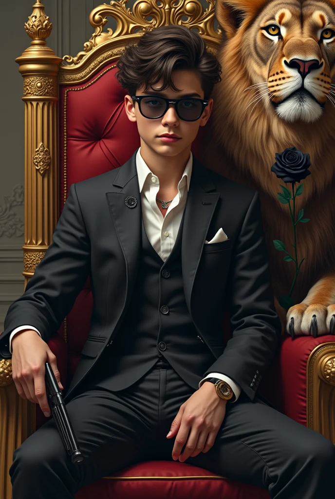 A cute boy wearing gangster style dress and Glass holding Black Rose in left hand in right hand holding gun sit on king chair ina a castle
And a loin sit on side