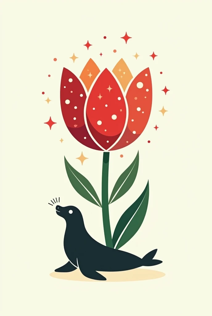 Use the shape of a stylized tulip as the base of the logo. Instead of leaves, place a small silhouette of a seal at the bottom, lying down. The tulip should have subtle decorations that evoke Christmas, such as small stars or snowflakes on its petals, and the traditional Christmas colors of red, green and white. To integrate the cell phone, place an antenna on the seal's head.