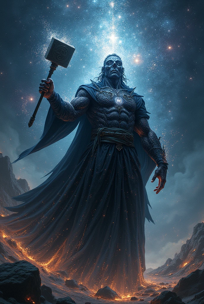 A majestic Cosmic entity with its body covered in stars and space wearing a black robe and holding a hammer in one hand forging the universe and a book in the other