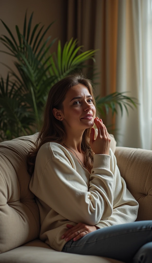 A crying woman, sitting on her favorite couch with "Permita-se sentir!" written in beige letters, next to it,