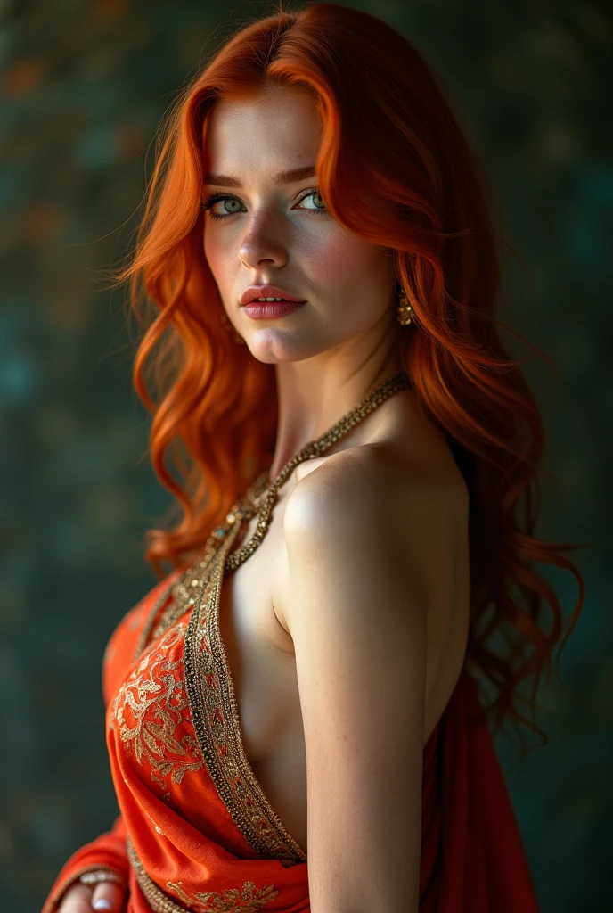 girl with red hair and blousless thin saree from front side with big chest