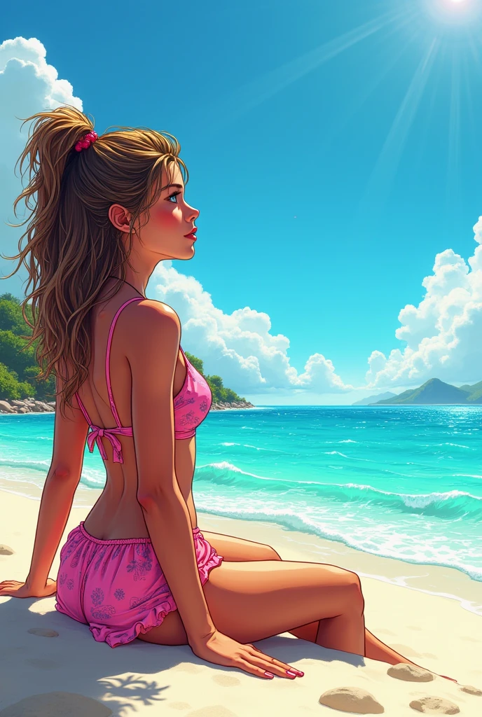 A young teenage girl with tanned skin and messy curly hair on the beach sitting in front of the crystal clear, cold water, looking at the sea, she is wearing pink hawaiian clothes, the sky is blue and the sun is very bright, in the background of the image you can see small forests, I want vibrant and very eye-catching colors, comic book style.