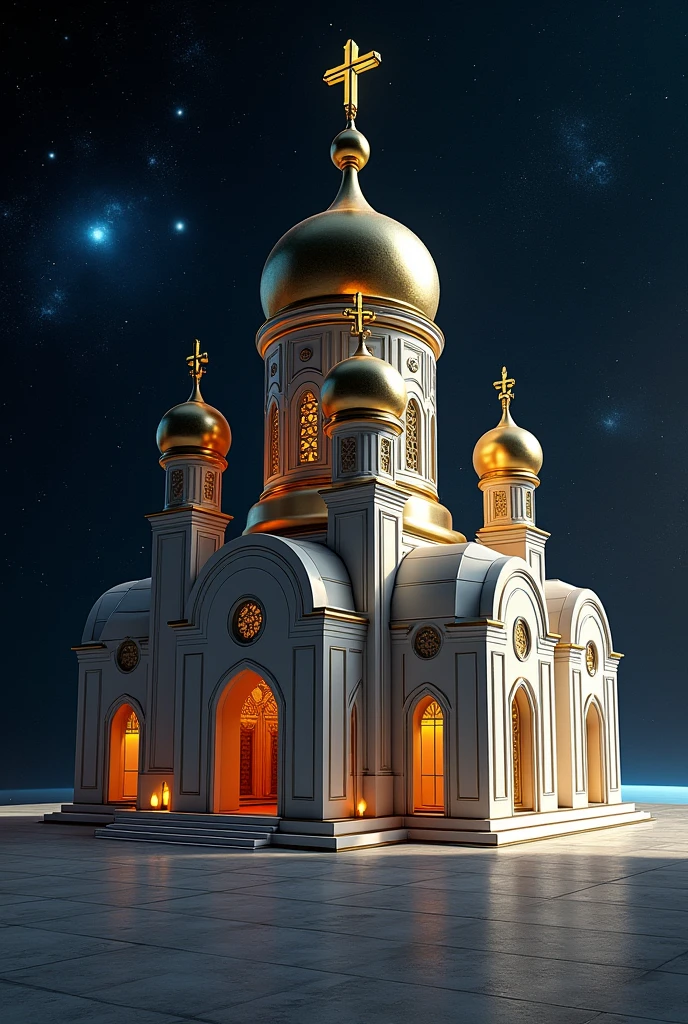 Imagine an Ethiopian Orthodox church is built on space. It has six small Dome and one middle huge dome with a cross on it, star, galaxy, moving rock .