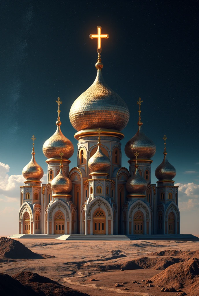 Imagine an Ethiopian Orthodox church is built on space. It has six small Dome and one middle huge dome with a cross on it
