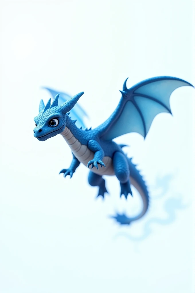 White background of a small blue dragon flying in the sky