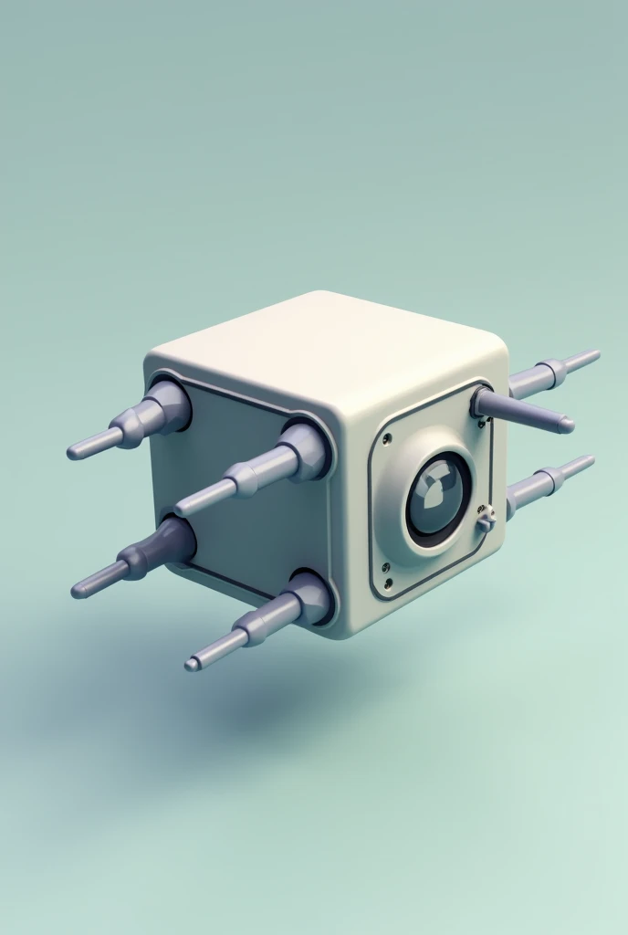 Small machine/ aerial/ simple/ square and round shape/ four skewers, One in the front, another on the right and the other two on the sides./ 3d game