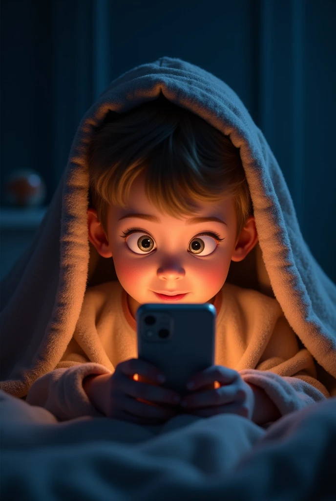 A kid 16 - 17 under blanket watching phone excitedly