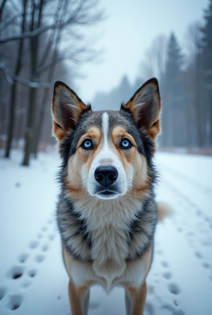 looking at viewer, blue eyes, outdoors, tree, no humans, animal, letterboxed, snow, dog, road, animal focus, winter, bare tree
