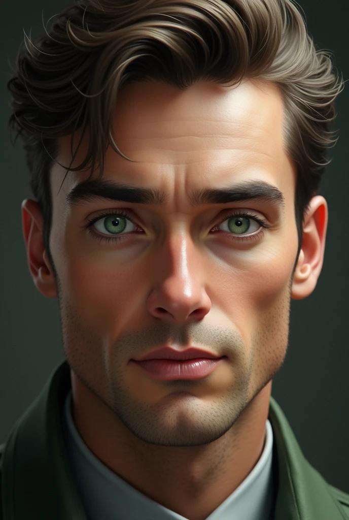 2 man His green eyes are quite penetrating and are always attentive to what is happening around him. His gaze is often serious and thoughtful.. Her eyebrows are well groomed and arched.. Her lips are quite thin, but they have an elegant and natural line, and are often curved in a wry smile. His nose is straight and proportional in size to the rest of his face.. His chin is slightly pointed., which makes him look tougher and more attractive. His face is generally attractive and well defined., and most people find him quite handsome