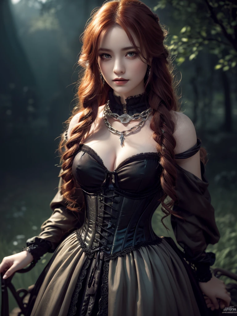 A beautiful redheaded Asian young girl, intricate gothic black 1860's dress and corset with silver chains, extremely long, smooth, extremely silky hair, very large breasts, many silver chains, moon light, dark gothic makeup, dramatic lighting, rich colors, extremely detailed, 1890s clothes, magical fantasy atmosphere, concept art, panorama, high resolution, detailed face with beautiful eyes and lips, photorealistic, fantasy, dark academia, 1890, dramatic lighting, rich colors, red hair, intricate details, dark girl, long very very very silky hair, lengerie elegant elf dress, very big tits, dense forest, no sunlight, detailed face and eyes,(best quality,4k,8k,highres,masterpiece:1.2),ultra-detailed, 1890 clothes (realistic,photorealistic,photo-realistic:1.37),magical fantasy atmosphere,fantasy,concept art