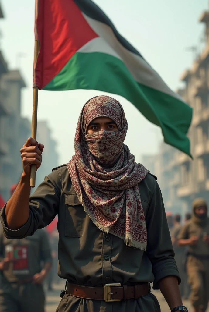 Palestinian masked with Palestinian shemakh holding Palestinian flag
