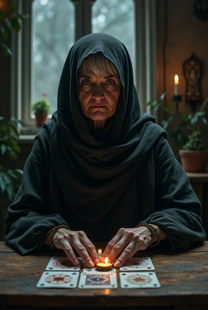 a middle-aged woman, perhaps a older, with an exotic and enigmatic air, which may be reinforced by long, dark clothing, perhaps with a scarf or turban covering her hair. Her gaze is penetrating, carrying a mixture of knowledge and mystery. She may be sitting behind a simple table, on which a deck of cards is laid out, perhaps illuminated by a soft light that accentuates the shadows in the room. The environment around her may be simple and understated, with few decorations, but these contribute to the mystical atmosphere she evokes.