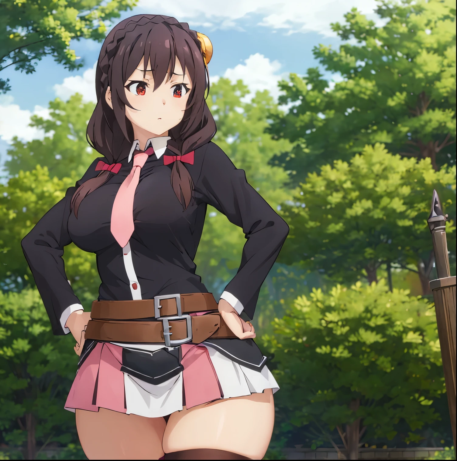 masterpiece, best quality, high resolution, yunyun1, 1 girl, red eyes, solo, thigh high, tie, skirt, braid, long hair, pink tie, big breasts, mid waist, wide hips, wide thighs, belt, accessory decorations hair, black hair, hair bow, braided crown, long sleeves, brown hair, two pigtails, cowboy shot, looking back, from behind, ((focus on butt:1.4)), point of view (from below)