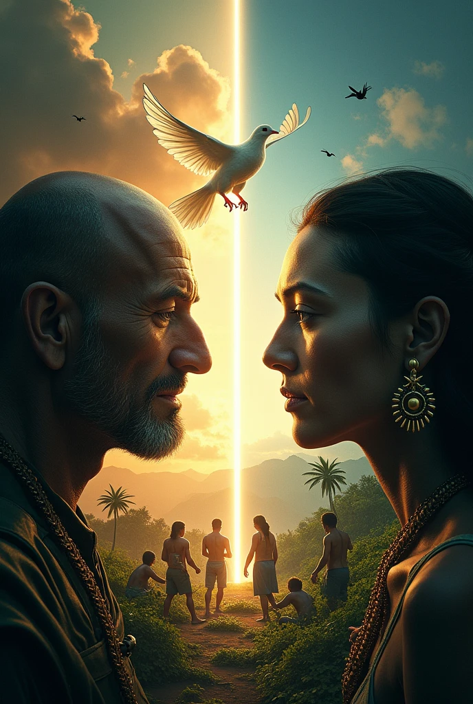 Generates an image in 16 format:9 that portrays a transition from war to peace, In the war part, put an armed group and in the peace part, an indigenous population., Right in the middle of these two sides put a beam of light and a dove in the middle with a sign that says the word truth.