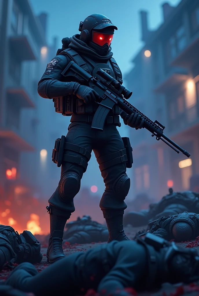 A fortnite player, with a sniper in hand, and a knife in the other, during at night, on a pile of bodies, the player is wearing a dark camouflage skin and is wearing a helmet with infrared vision
