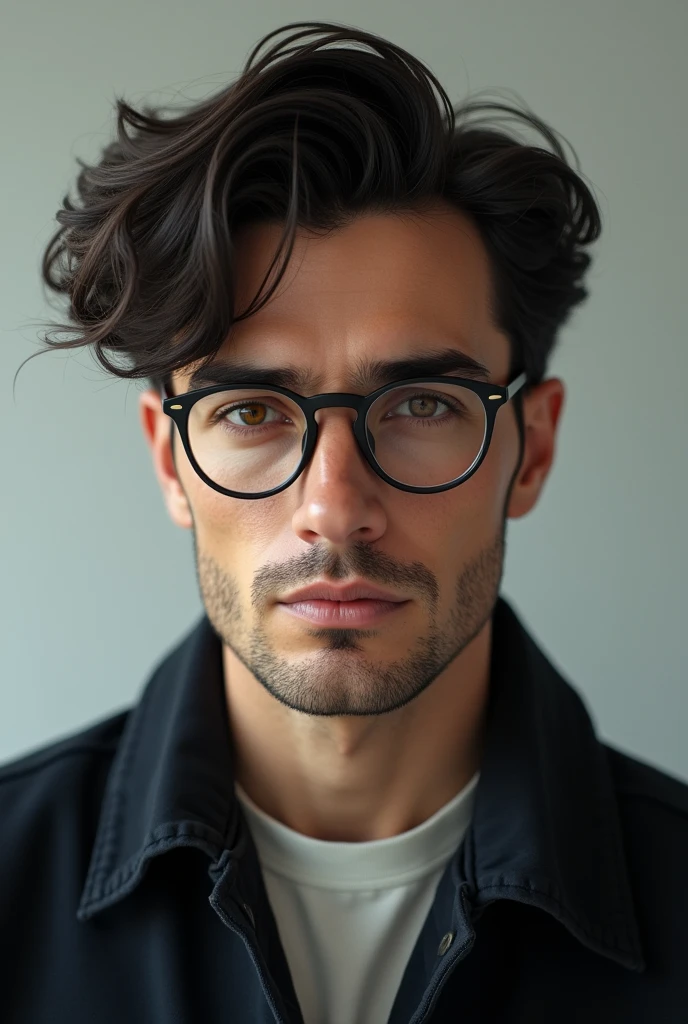 Create a white man with dark hair and better colored eyes who wears glasses