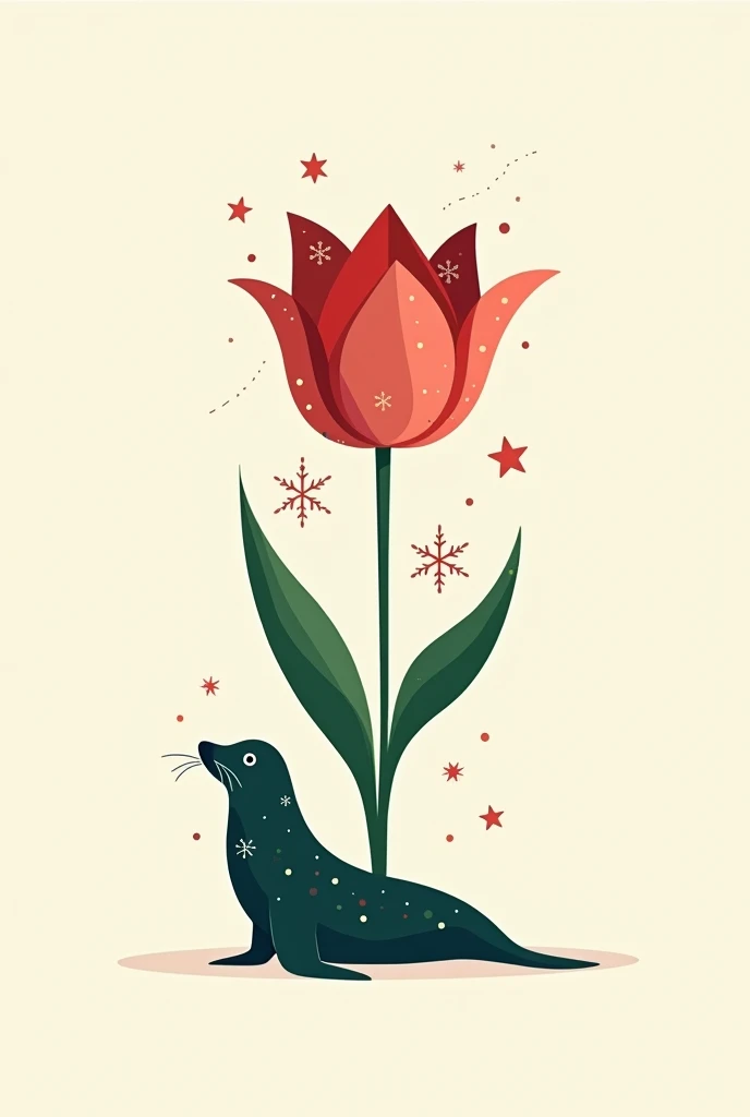 Use the shape of a stylized tulip as the base of the logo. Instead of leaves, place a small silhouette of a seal at the bottom, lying down. The tulip should have subtle decorations that evoke Christmas, such as small stars or snowflakes on its petals, and the traditional Christmas colors of red, green and white. To integrate the cell phone, place an antenna on the seal's head.
