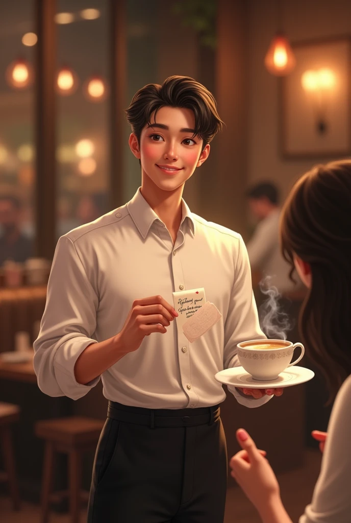 Waiter man with a cup of love that has a message attached to it that says how pretty you look