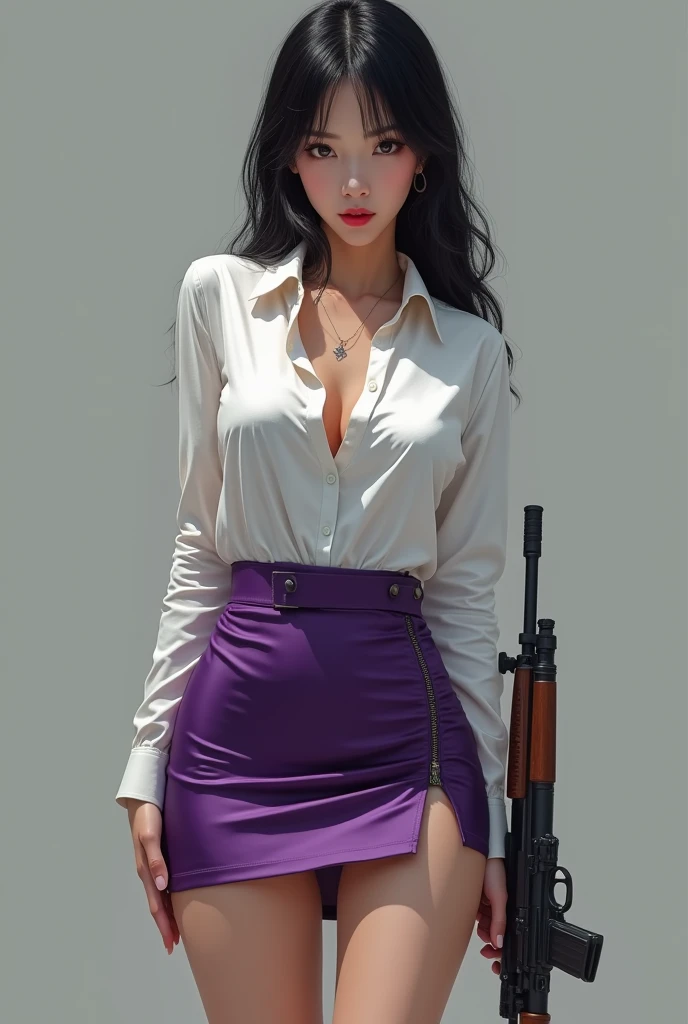 camera back view facing real person eyes open realistic beautiful japanese office lady white shirt tight mini skirt satin violet stance legs open spreading arms straighten full portrait holding rifle gun back view facing sexy legs waist level aiming target point at you