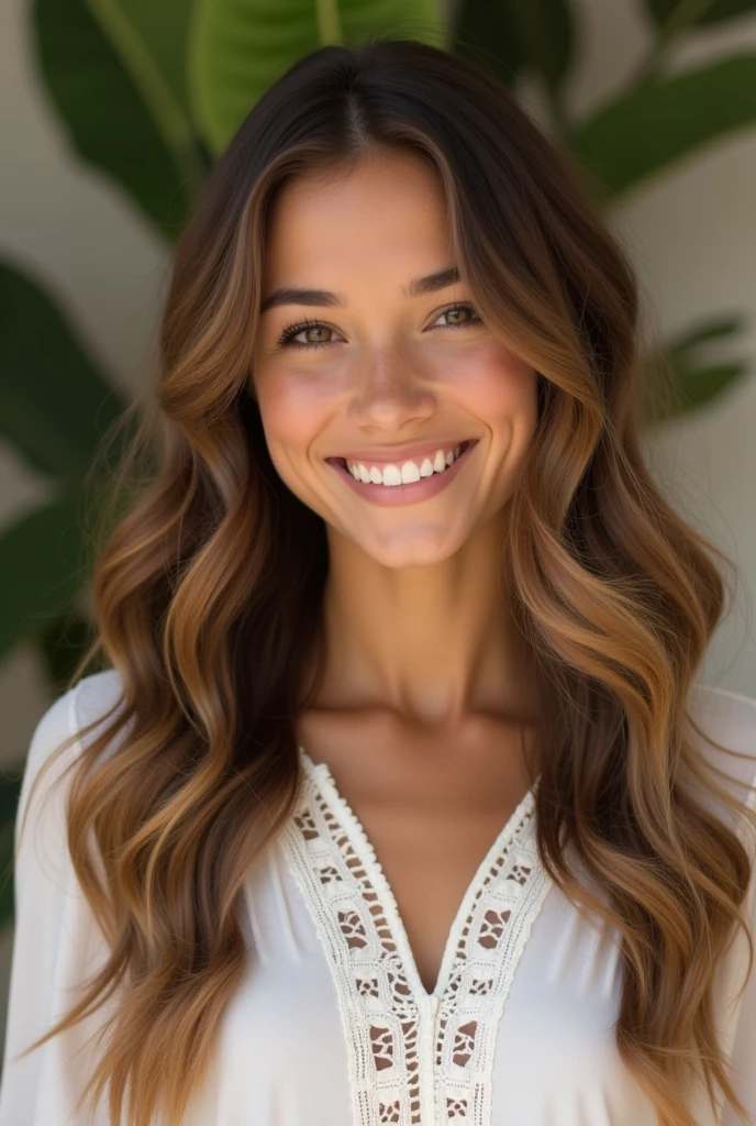 A tropical Brazilian style girl with wavy light brown hair, 4k multi-image frontal, is wearing a white lace blouse, smiling, long hair