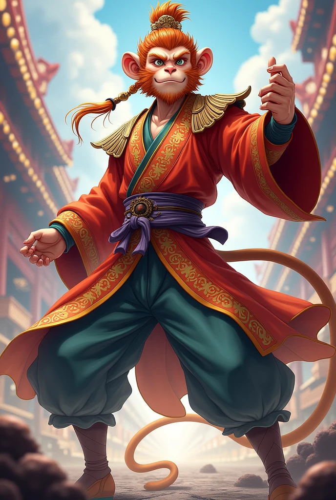 Sun the monkey king in anime that looks like a human but without losing the monkey features that resembles more an amine character that does not have the monkey face or ears