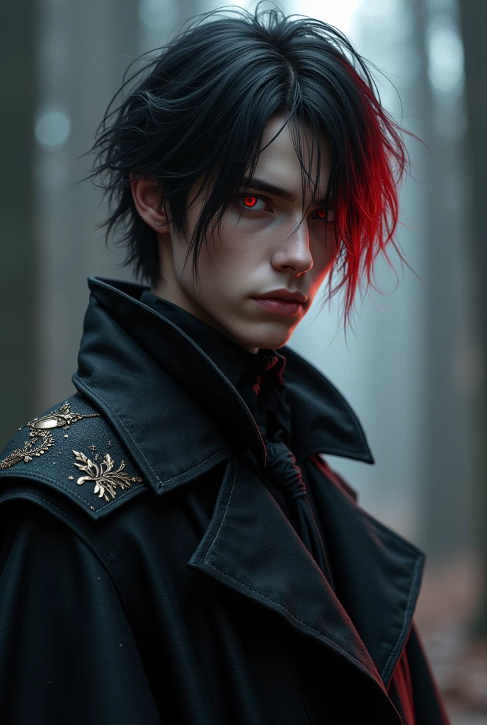 Male teenager of Nordic origin with discreet features and a villainous style, with black and red hair and slightly reddish eyes