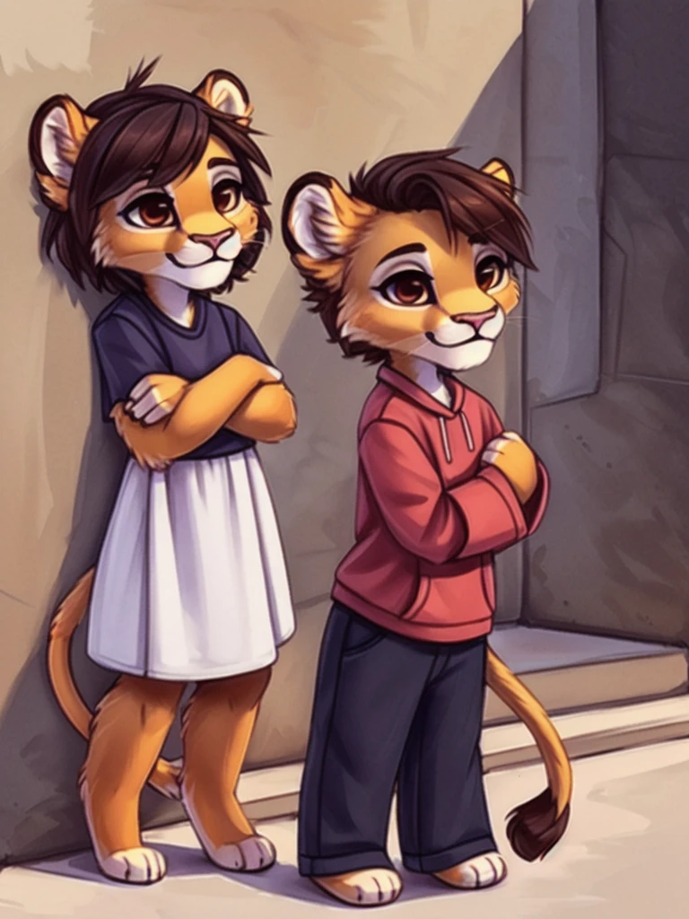 A couple of an anthropomorphic dark hair lady and an anthropomorphic orange coloured fur lion with red and short hair, brown eyes, closed smile, casual clothes, high quality furry art, chibi style.