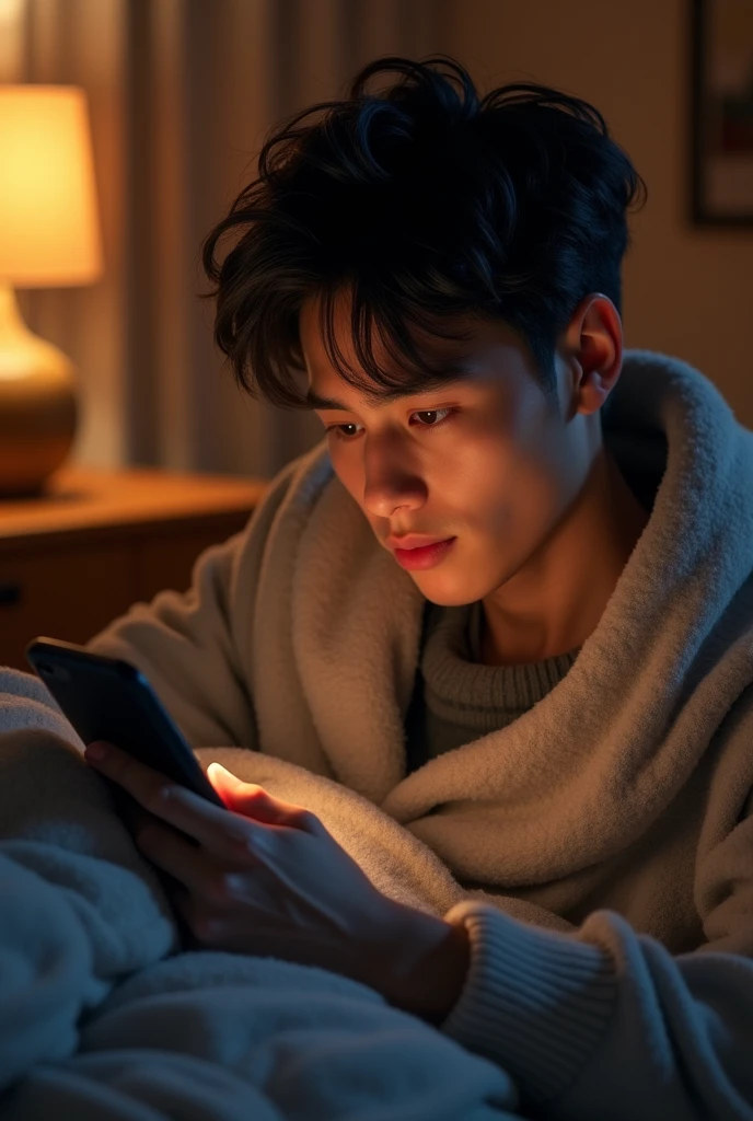a boy -1, lying under a blanket, holding a phone, soft lighting, relaxed expression, hyper detailed, photorealistic, 8k, masterpiece, high quality, concept art, warm colors, chiaroscuro lighting