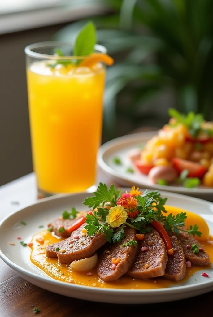 (Image of a plate of food)(a glass of mango juice)