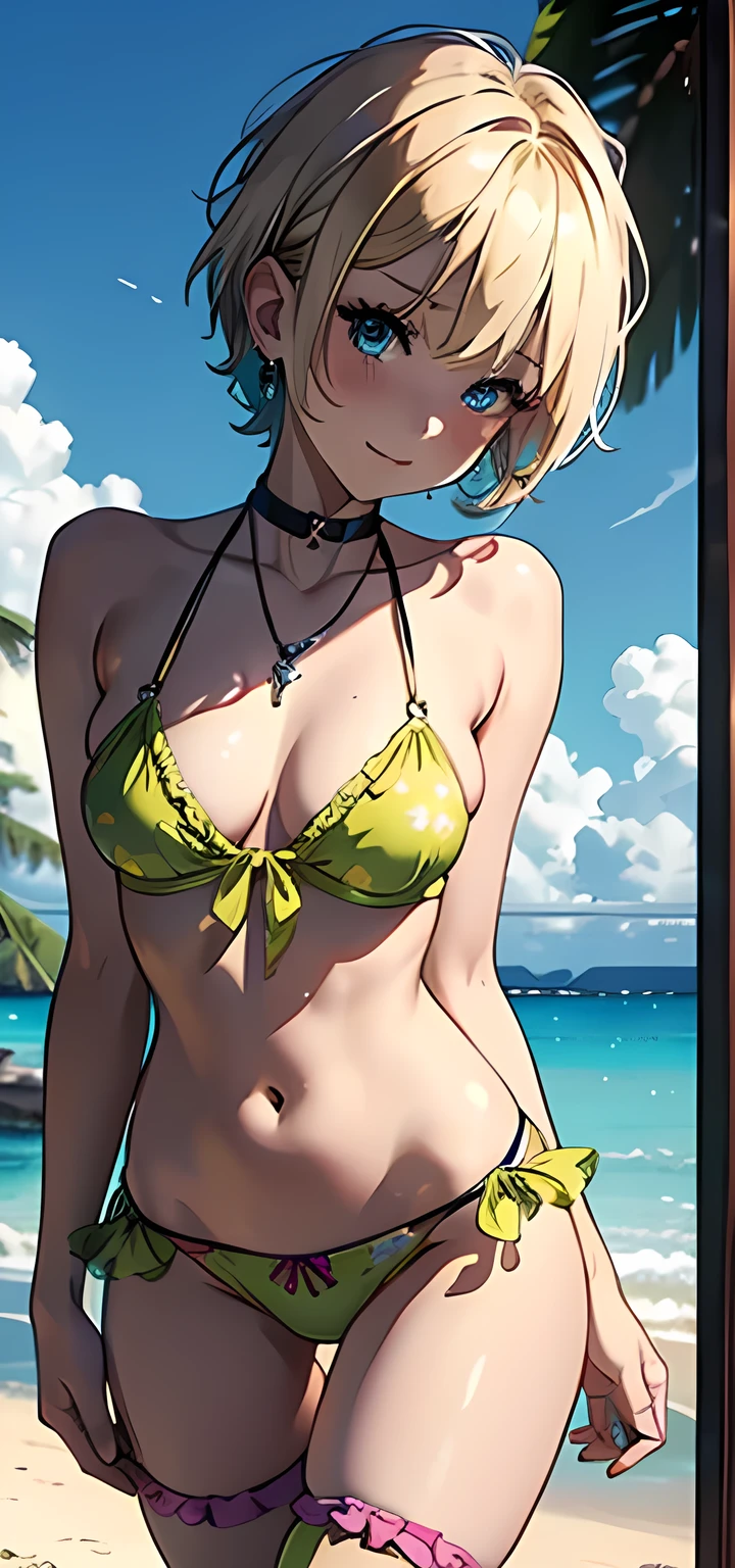 masterpiece,Ultra-high resolution、Highest quality、Sexy pose、On a tropical beach、blonde、Pixie Cut:1.2, blue eyes, smile、Tilt your head、Large gemstone earrings and chokers:1.5,、Chain belt、Spread your legs boldly、Model walking、Small breasts、The body is very slim、skinny、Super tight waist、Thin thighs、Cowboy Shot、 Yellow green, Pink and magenta floral ruffle bikini、Ribbon Garter:1.4