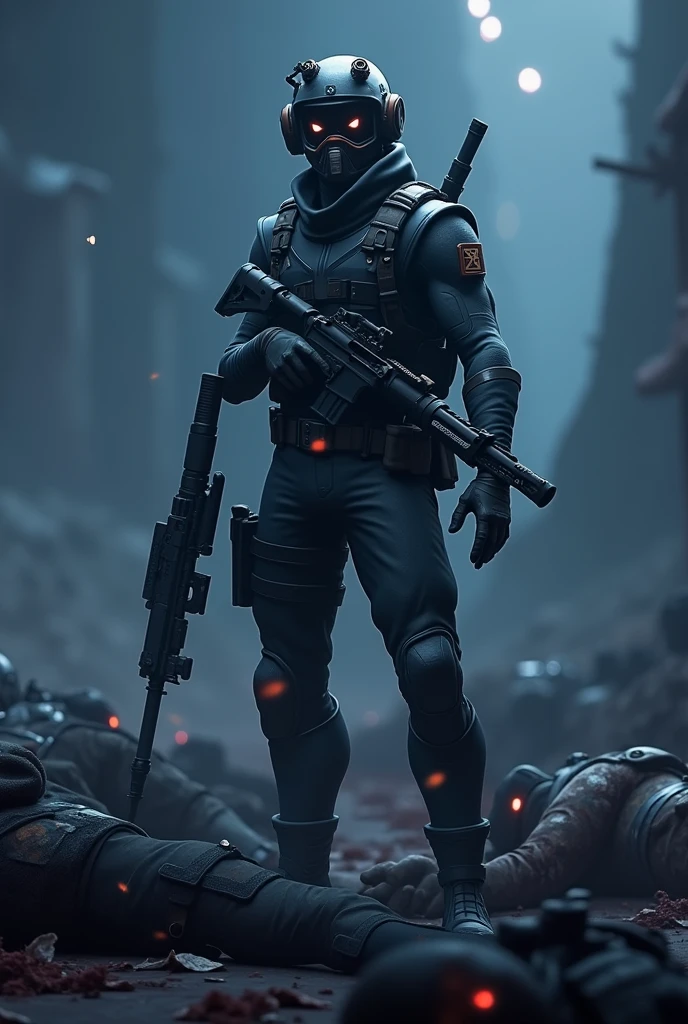 A fortnite player, with a sniper in one hand and a knife in the other, during at night, on a pile of bodies, the player is wearing a dark camouflage skin and is wearing a helmet with infrared vision
