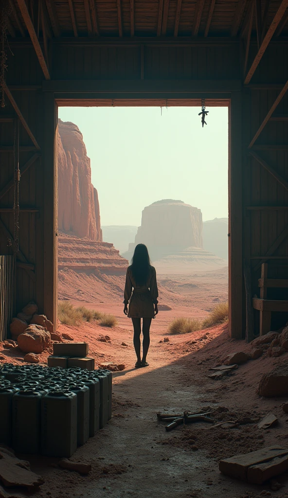 (8 K),(masterpiece),absurd, high, ultra detailed, (1 girl:1.3),, break, discreet lighting, gloomy atmosphere, Dark Shadows, subtle highlights, mysterious aura, break, panoramic photography, Wide-angle perspectives, breathtaking scenery, Stunning views, Expansive scenes, Visual depth, Breathtaking perspectives, (post-apocalyptic devastation), (Red Rock Canyon), view from a wooden hut, ((View from the warehouse window)), In the foreground are boxes of ammunition and tank shells