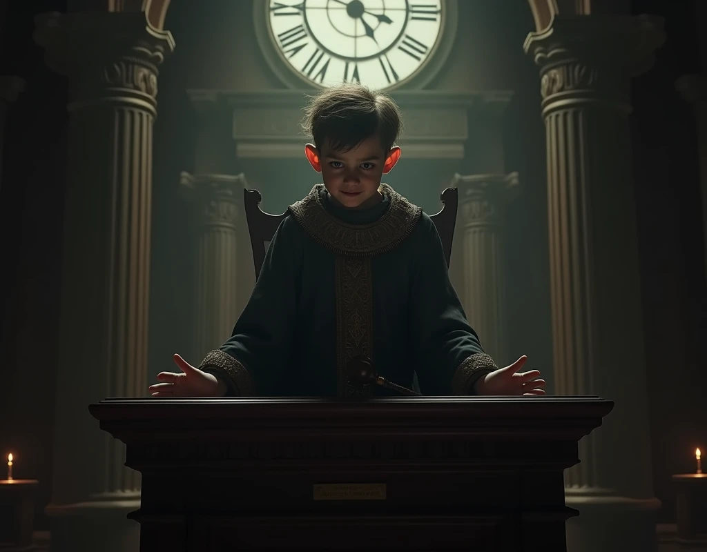 child with evil face being a judge