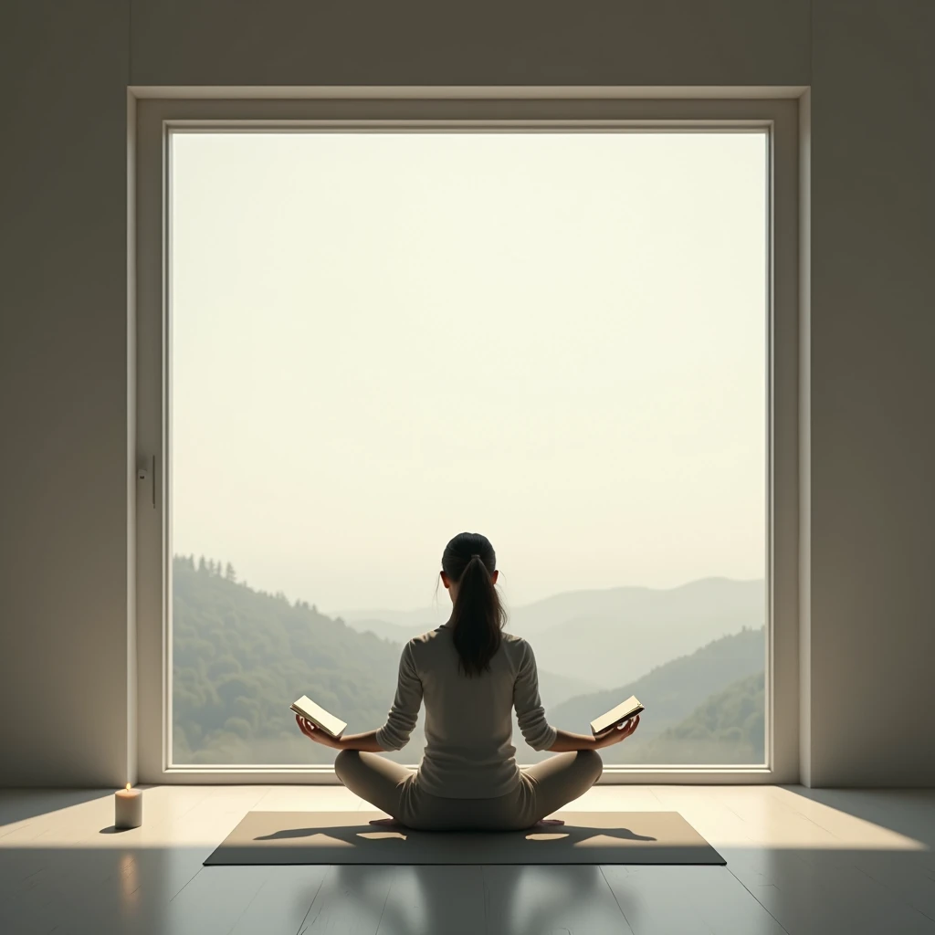 A solitary figure in a tranquil, minimalist space—perhaps a calm room with a window showing a serene outside view. The person is engaged in activities like reading financial reports, exercising, or meditating. The background is peaceful and sparse, emphasizing the solitude that comes with self-improvement efforts.