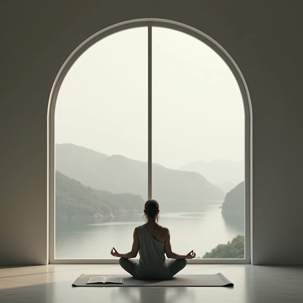 A solitary figure in a tranquil, minimalist space—perhaps a calm room with a window showing a serene outside view. The person is engaged in activities like reading financial reports, exercising, or meditating. The background is peaceful and sparse, emphasizing the solitude that comes with self-improvement efforts.