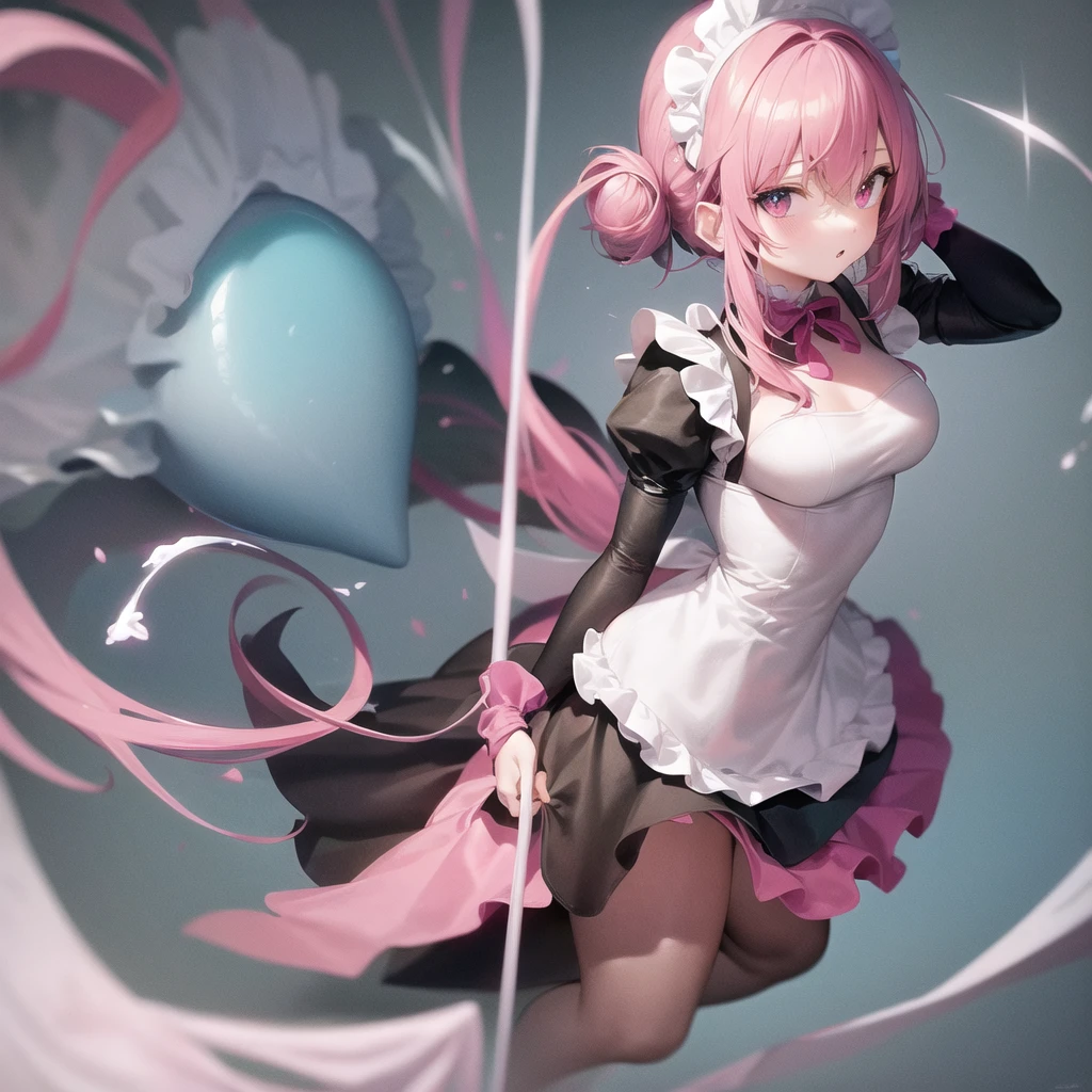 anime, pink-skinned female slime girl, wearing a maid outfit, eye color is blue, background is a bed