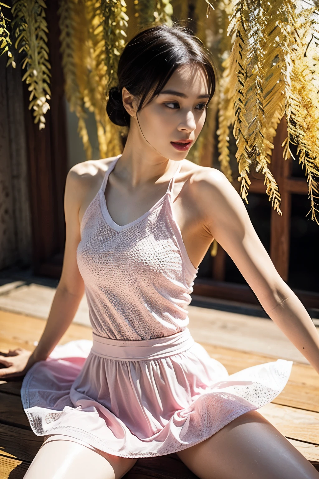 ballerina, A beautiful swan-like figure, (Highest quality,16K,Highest Resolution,Tabletop:1.2),Very detailed,(Realistic,Realistic,Realistic:1.37), flexible legs, 2. Women, Random Hairstyles, Accentuate your waistline, Light background, Flexibility is key, Sheer lace ballet suit, White Pantyhose, Pink tutu, Demonstrates leg flexibility, Sheer lace ballet skirt,