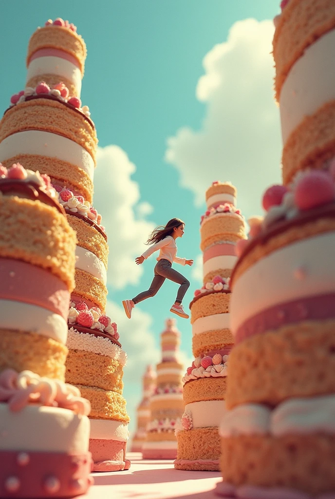 Create an image of many giant cakes and a very small woman running on them. They must be single-tier cakes and you must include one vanilla and one chocolate.
