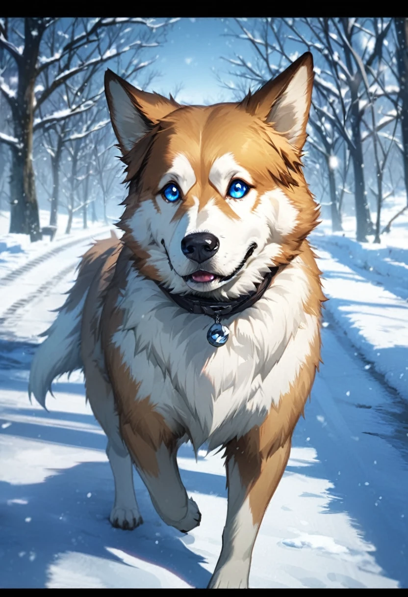 looking at viewer, blue eyes, outdoors, tree, no humans, animal, letterboxed, snow, dog, road, animal focus, winter, bare tree,More details, better quality, more details in the eyes