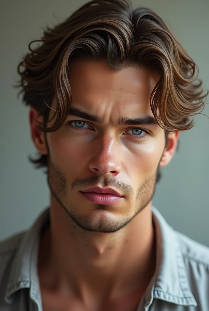 Create a white man with brown hair and blue eyes