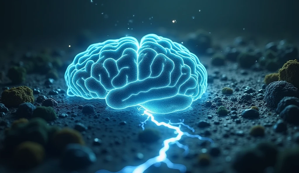 Bacteria in a puddle , mysterious scene, electrifying ends of the discharge , brain shape
