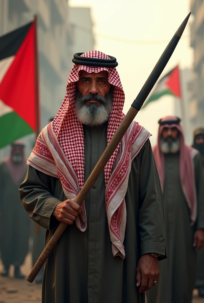 A Palestinian man wearing a Palestinian shamakh, holding the Palestinian flag, carrying a long Arab machete